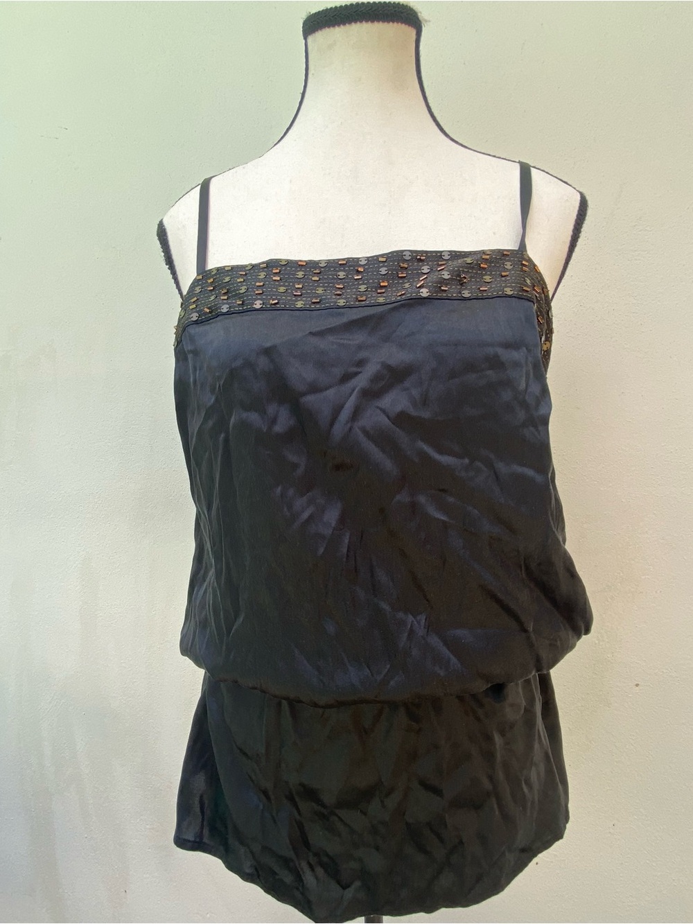 Y2K Black Silk Beaded Drawstring Fairy Top Size Medium